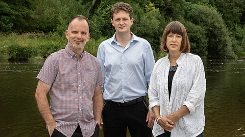 David Chadwick MP, Jane Dodds MS and Cllr Gareth Ratcliffe in front of the River Wye