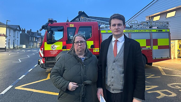 Cllr Claire Hall & David Chadwick MP outside of Crickhowell Fire Station